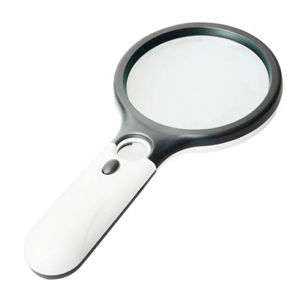 Handheld magnifying glass with a white handle, angled studio view