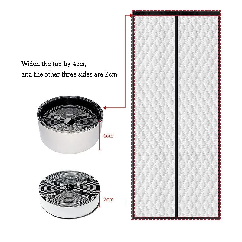 Magnetic door curtain with hook and loop fastening tape rolls and size callouts