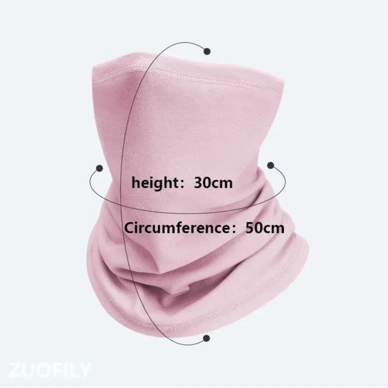 Pink neck gaiter with height and circumference measurements