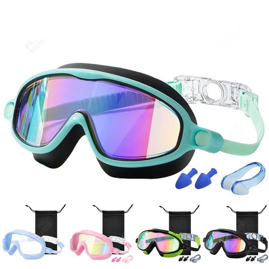Kids' swim goggles with wide-view lens, ear plugs and nose clip, plus four colour options