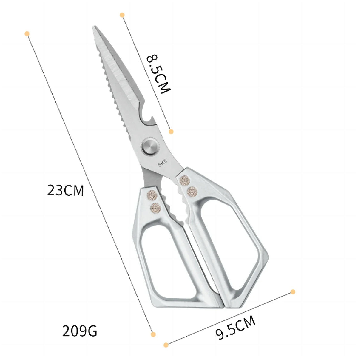 Silver kitchen scissors with size and weight callouts
