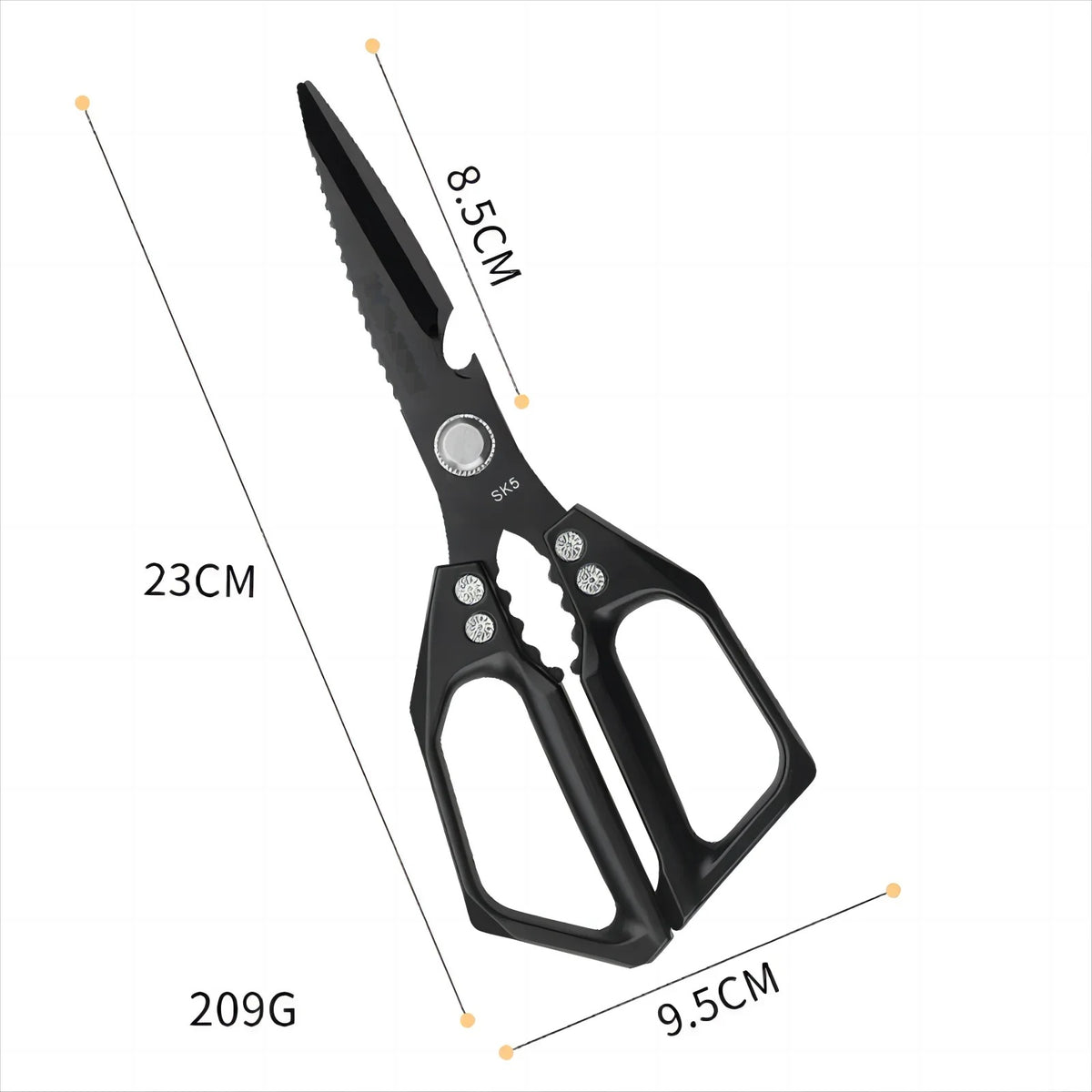 Black kitchen scissors with size and weight callouts