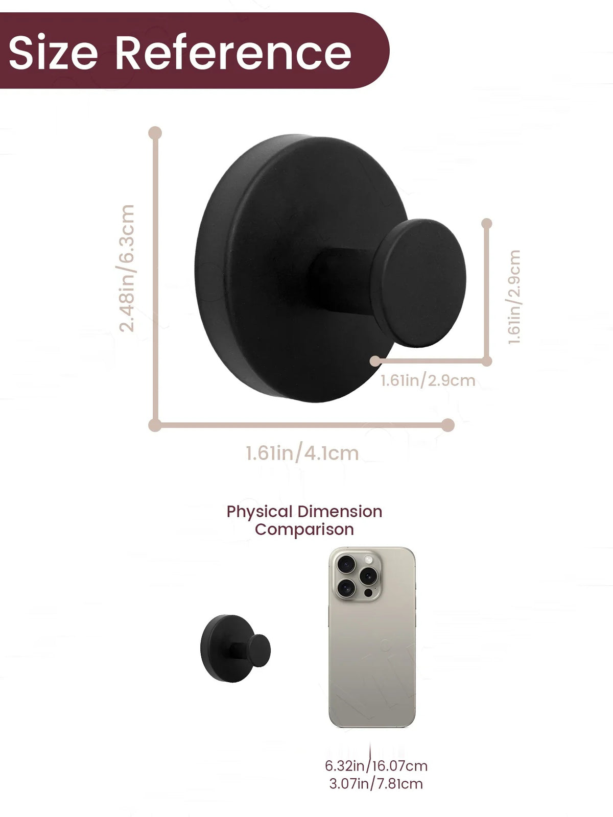 Size reference chart showing hook dimensions next to a phone for scale