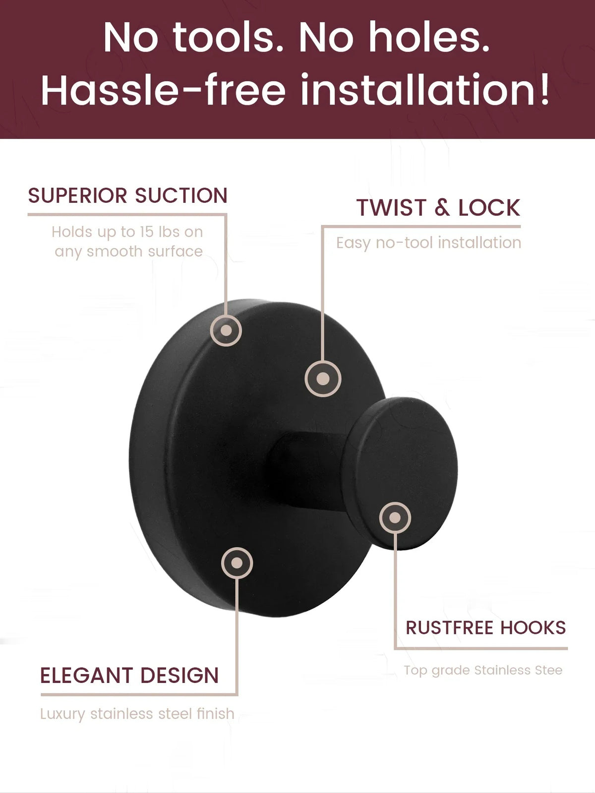 No tools, no holes installation diagram with suction and twist lock detail