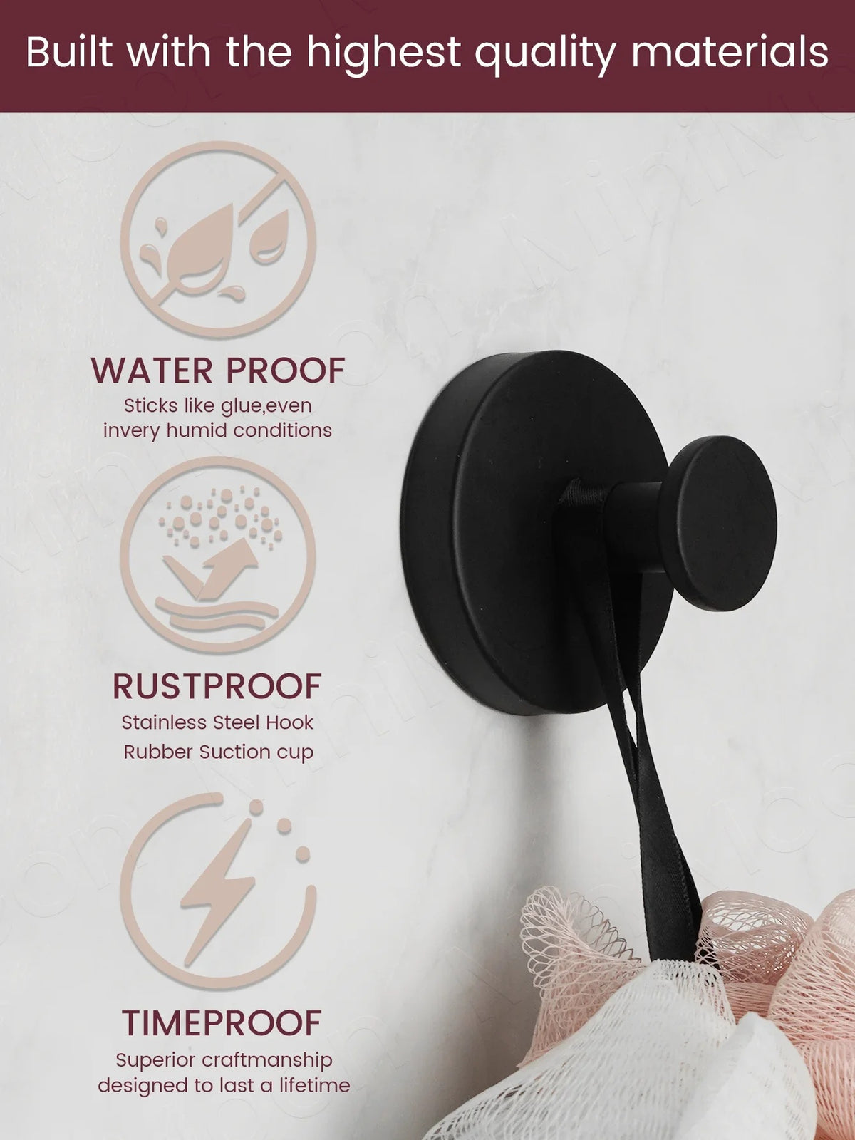 Stainless steel hook shown with waterproof and rustproof material callouts