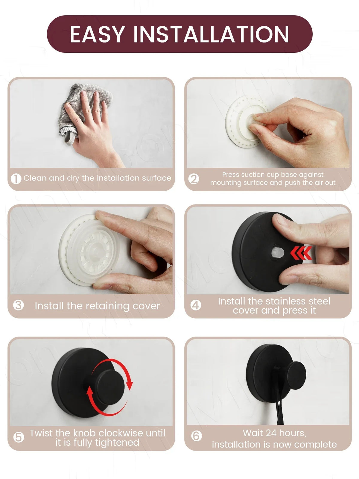 Step by step easy installation photos for the suction cup hook