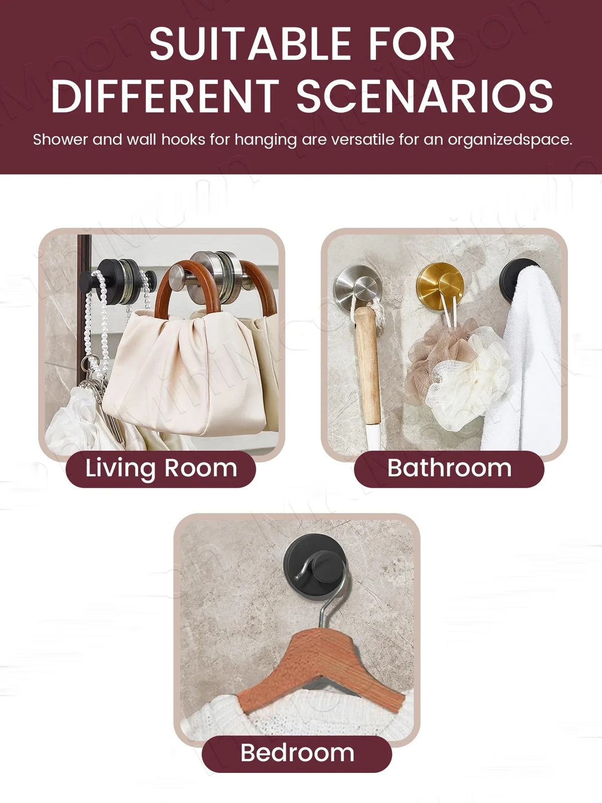 Hooks shown in living room, bathroom and bedroom settings
