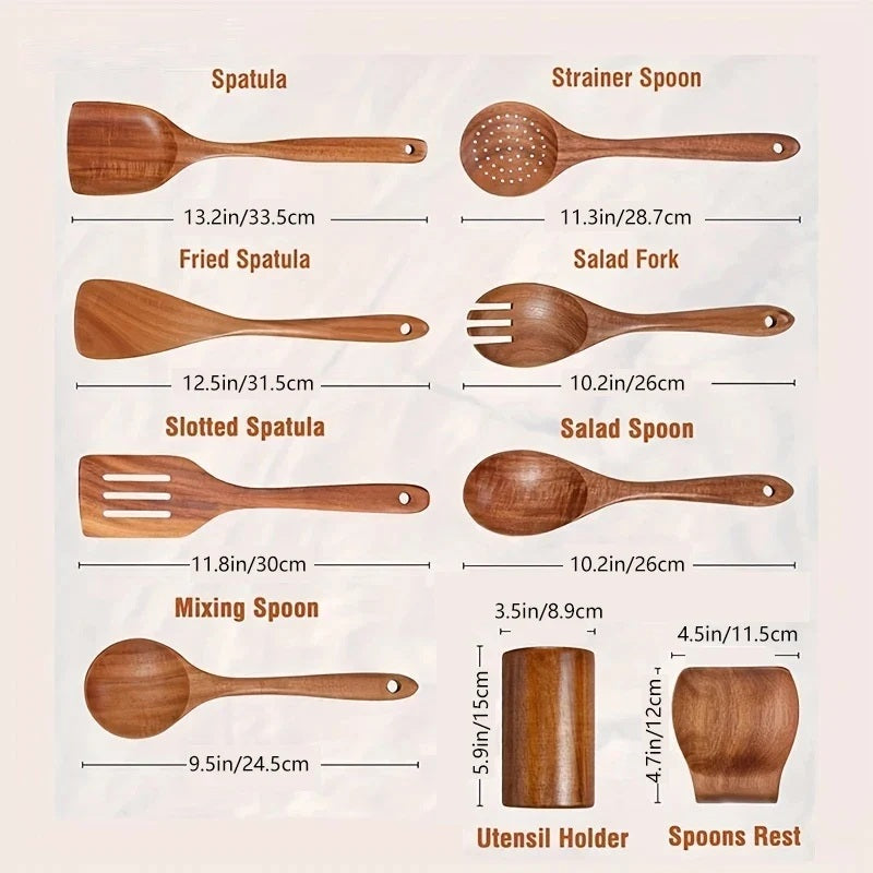 Wooden utensil set with labelled dimensions for each piece