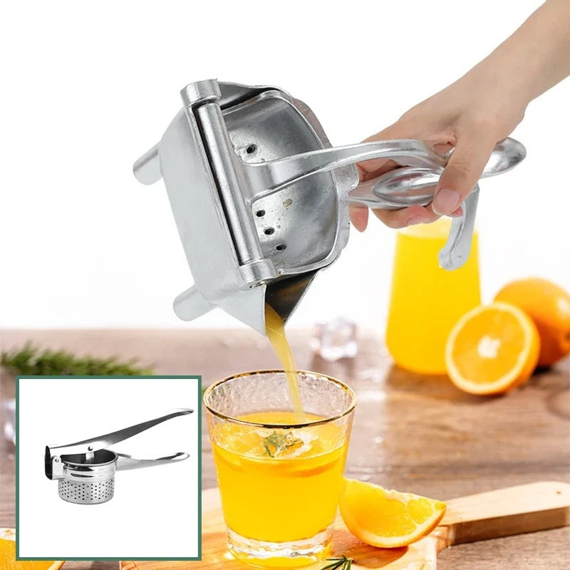 Aluminium citrus press squeezing orange juice into a glass