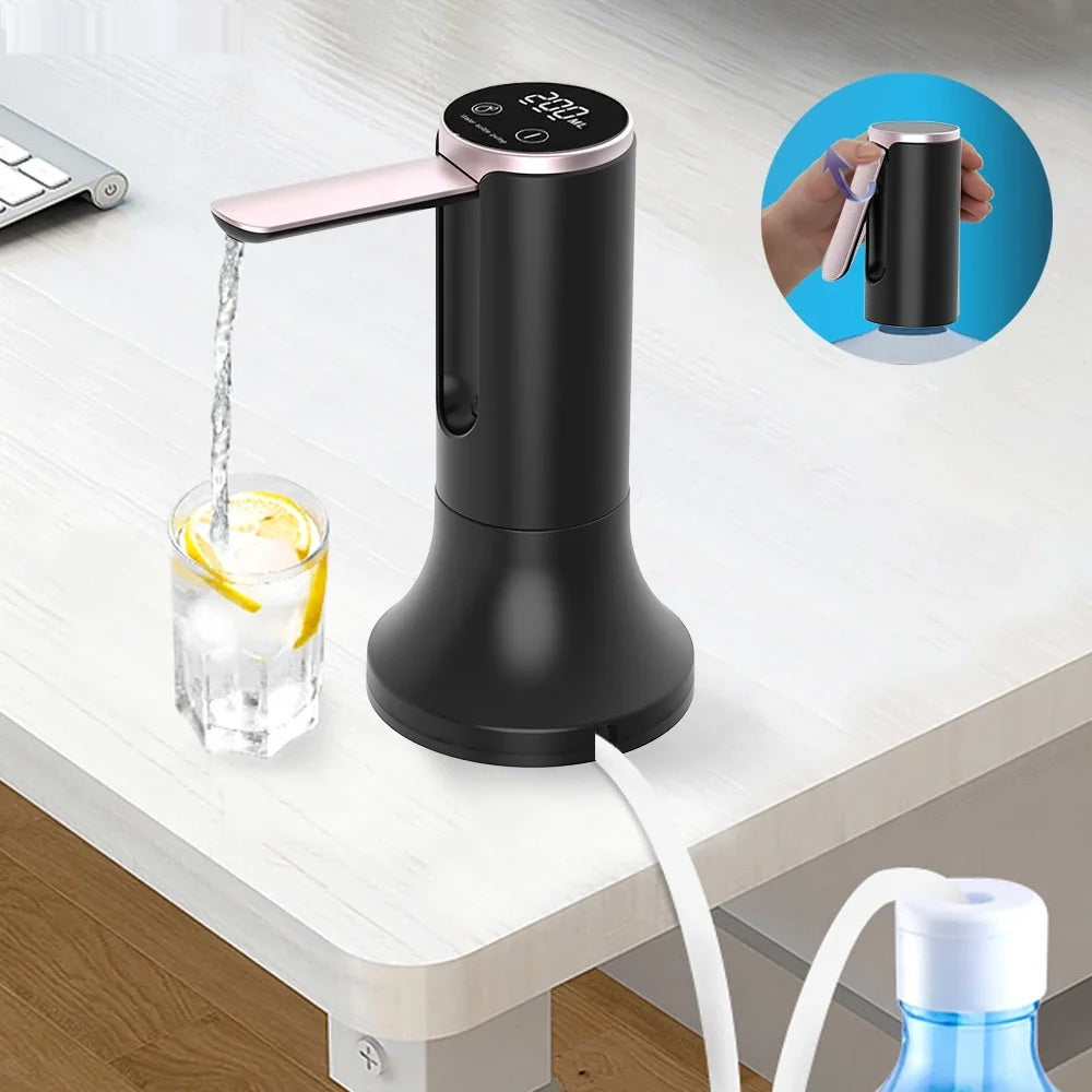 Rechargeable electric water bottle pump dispensing into a glass