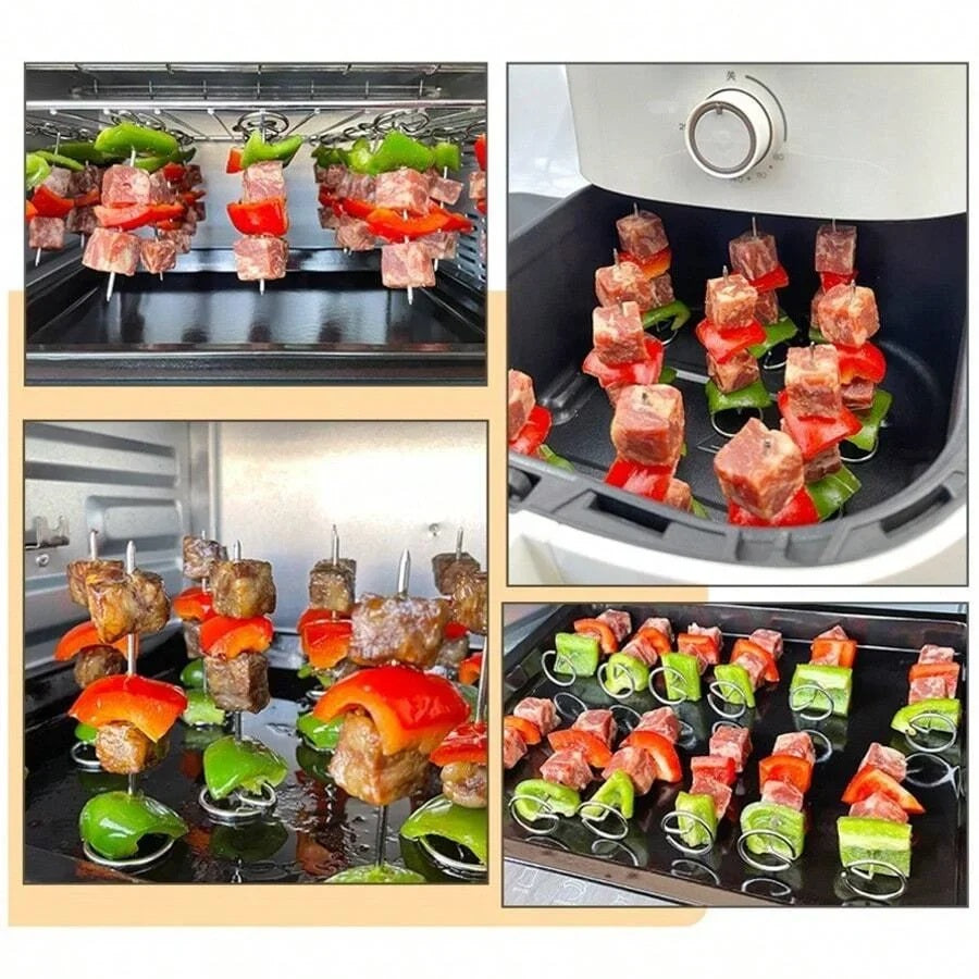 Stainless steel kebab skewers loaded with meat and vegetables