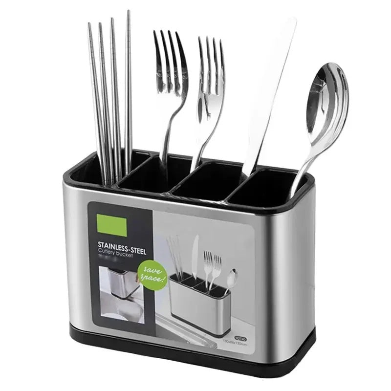 Stainless steel cutlery caddy holding knives, forks and spoons