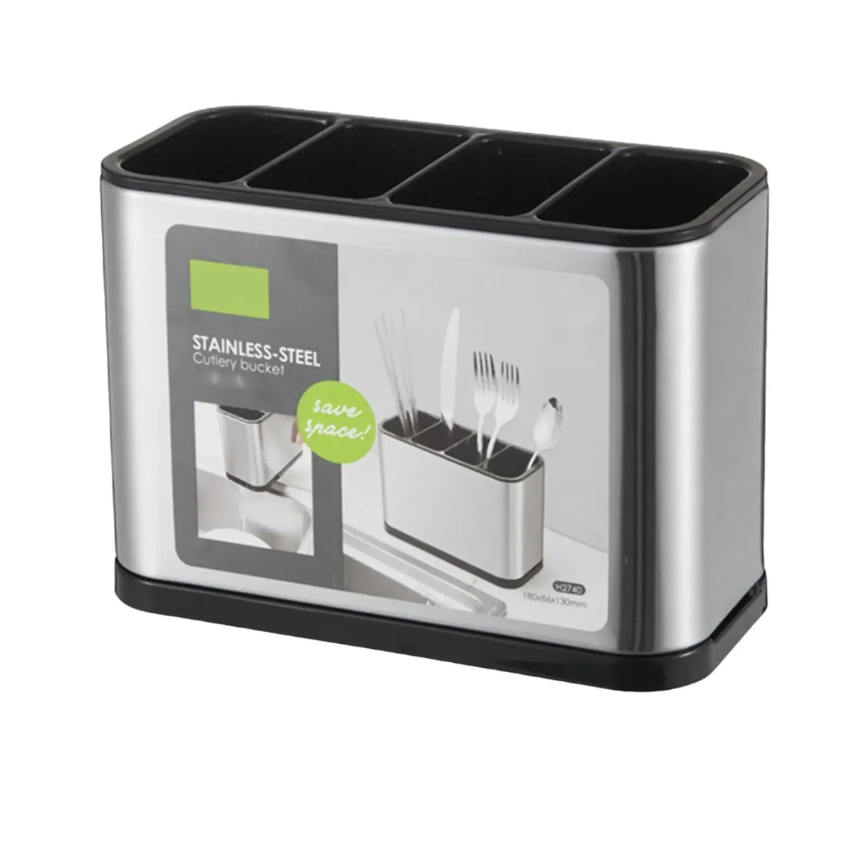 Three compartment stainless steel utensil holder with drainage base