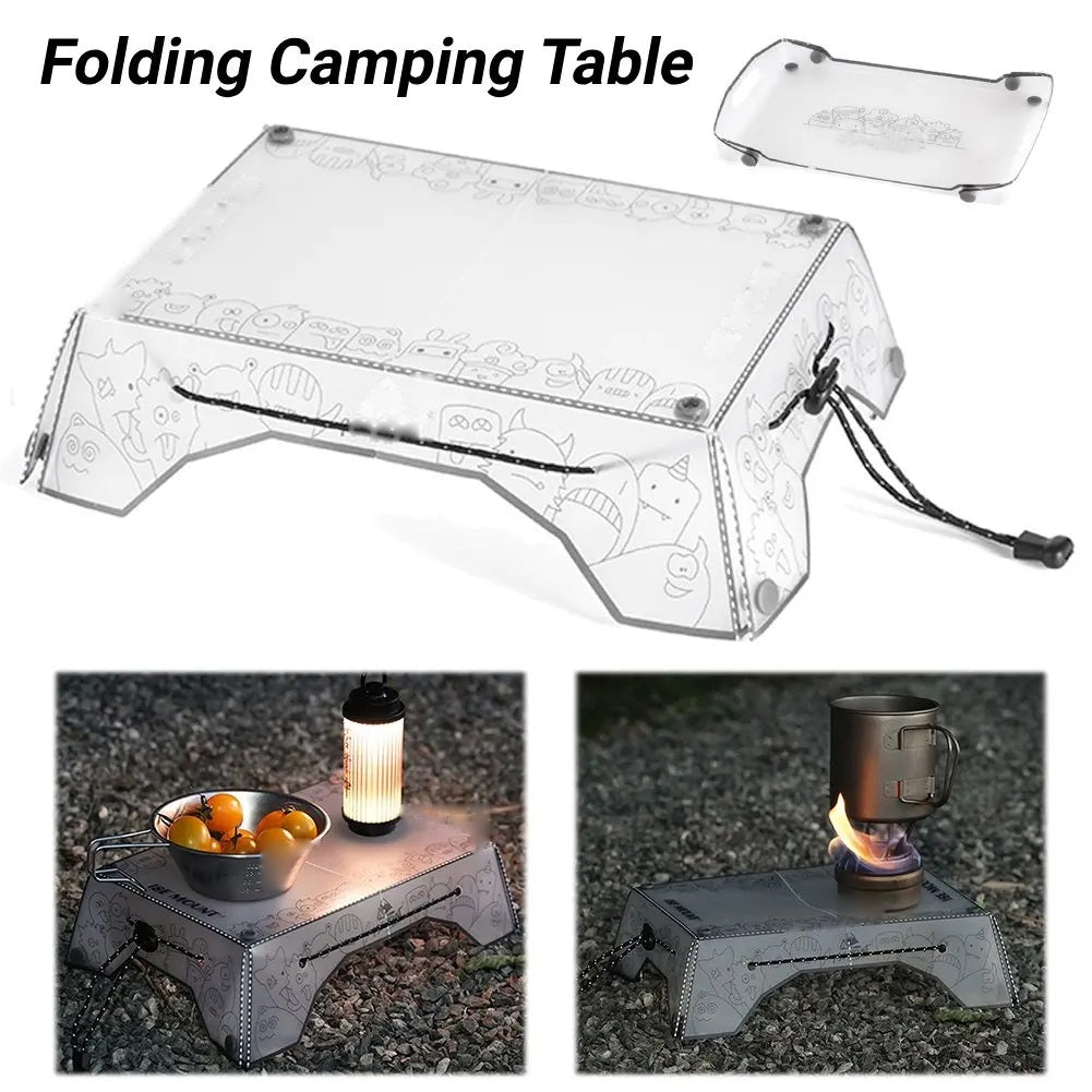 Folding camping table shown assembled and folded flat