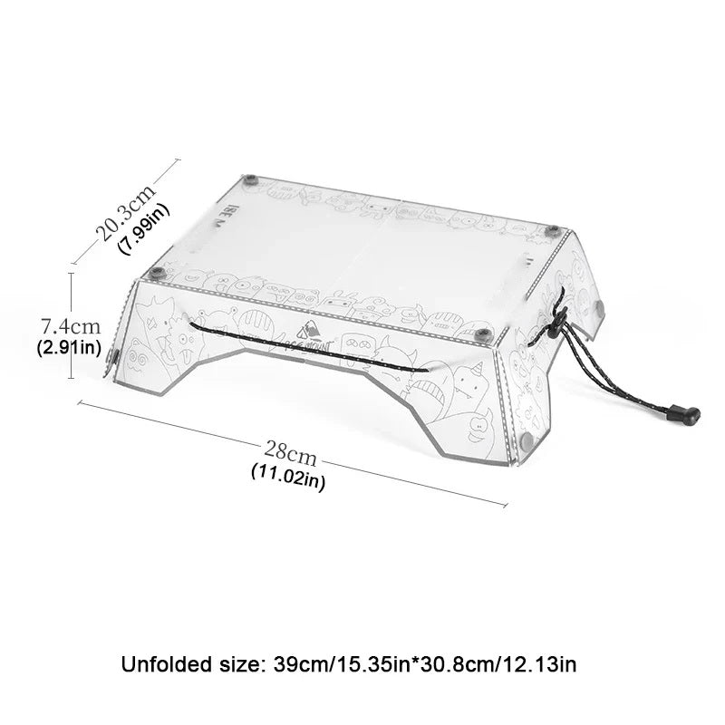Assembled camping table with 28cm by 20.3cm dimensions marked