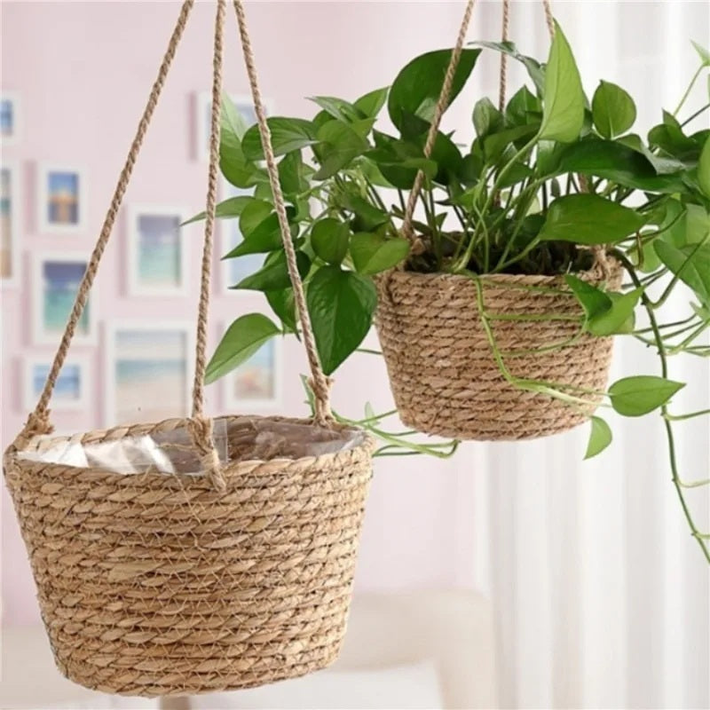Hanging woven plant basket