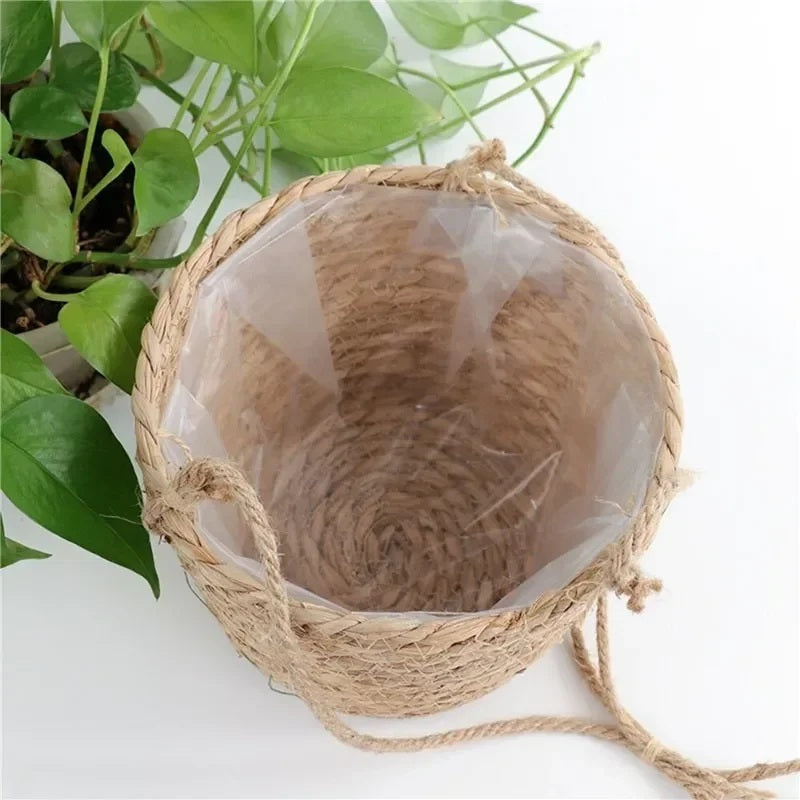 Hanging jute planter basket with rope hanger, side view