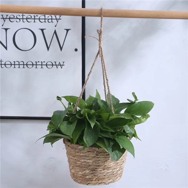 Woven jute hanging planter basket detail