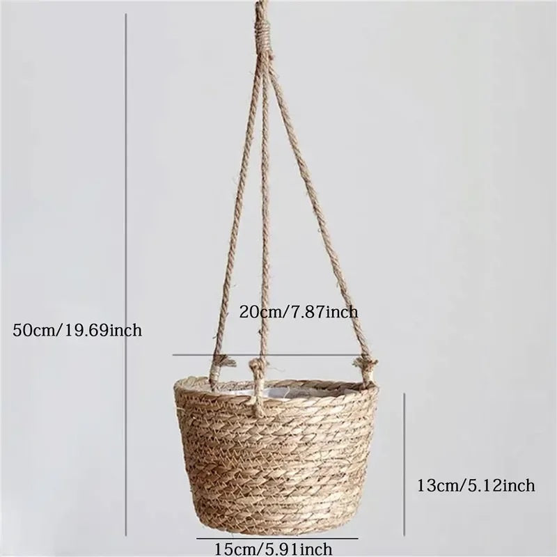 Jute hanging planter shown with size reference