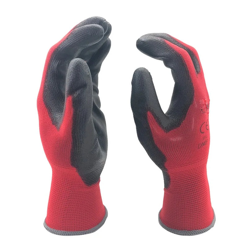 Red nylon work gloves with black PU coated palms, pair shown from the back