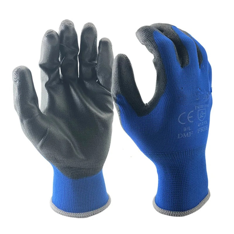 Blue and grey PU coated work gloves shown palm and back view