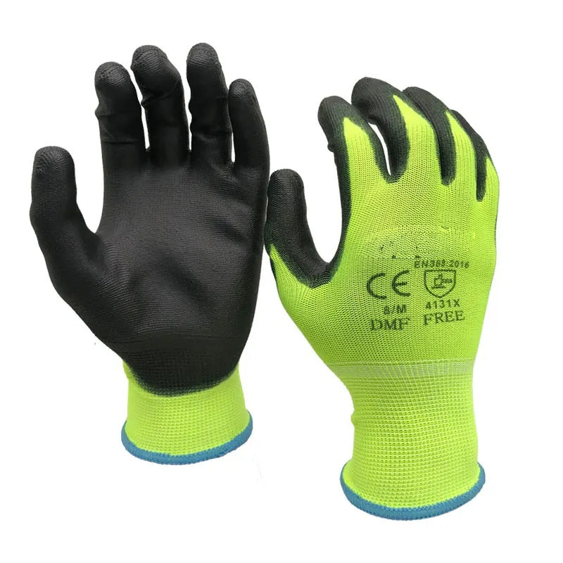 Hi-vis yellow work gloves with black PU coated palms, pair shown
