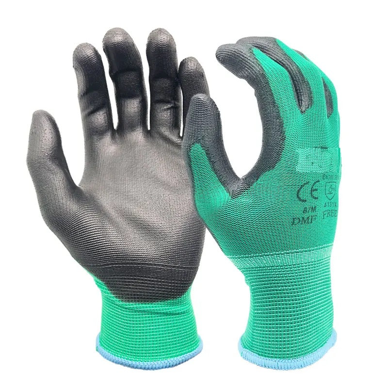 Green nylon work gloves with grey PU coated palms, pair shown
