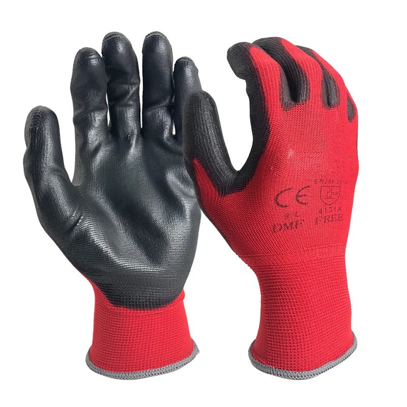 Red work gloves with black PU coated palms, pair shown