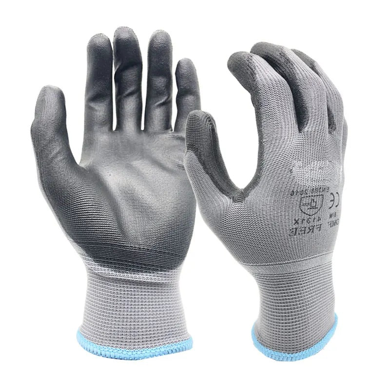 Grey nylon work gloves with grey PU coated palms, pair shown