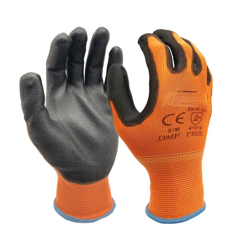 Orange work gloves with black PU coated palms, pair shown
