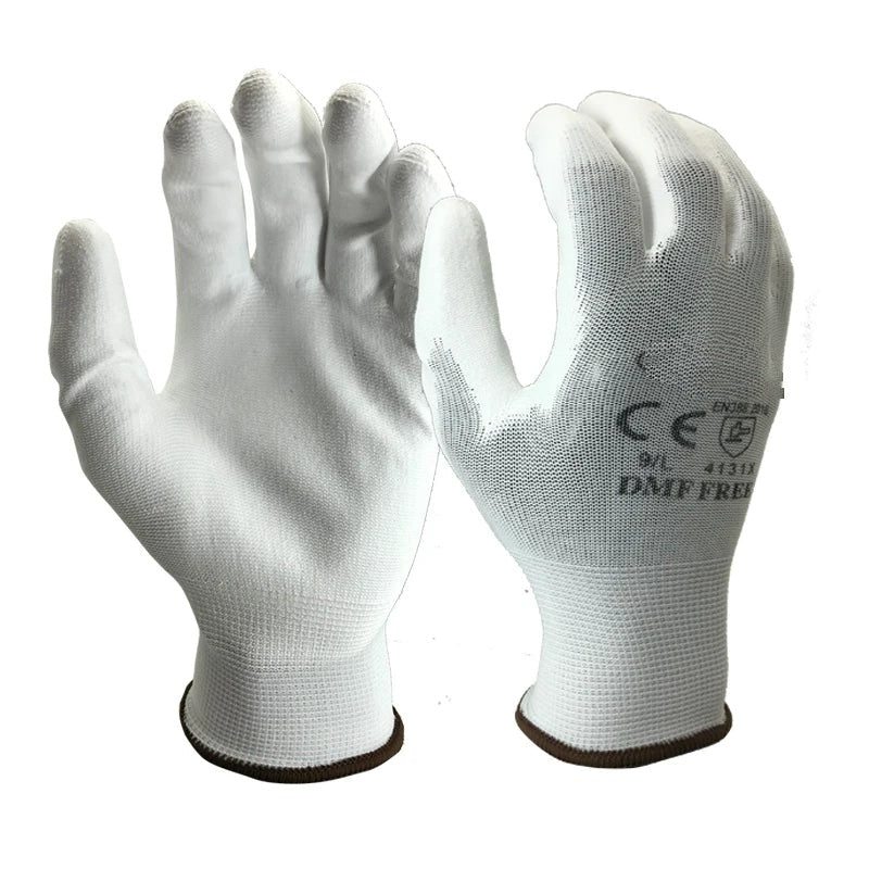 White work gloves with white PU coated palms, pair shown