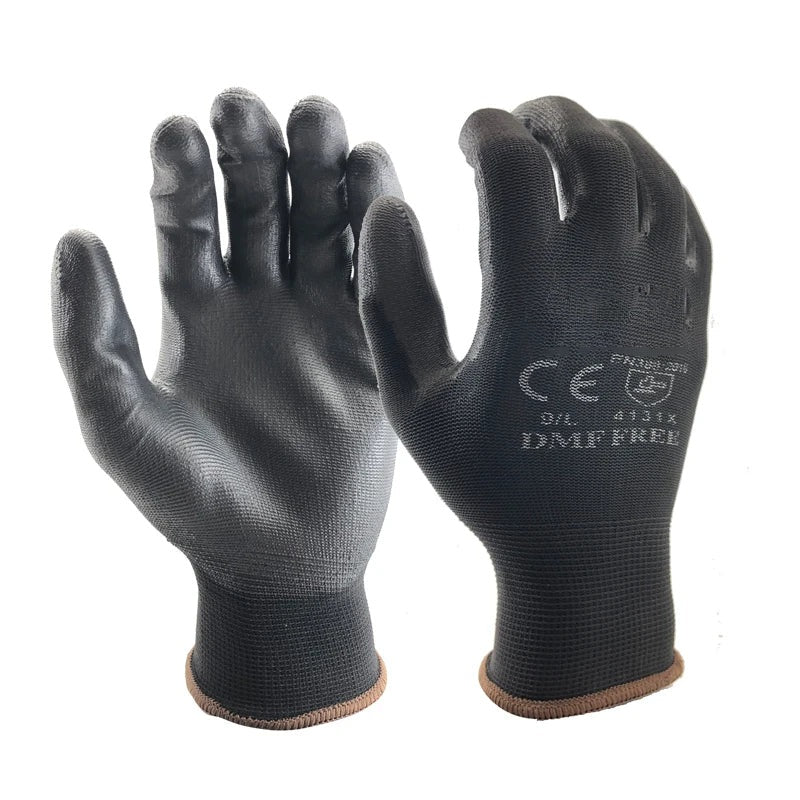 Black work gloves with black PU coated palms, pair shown