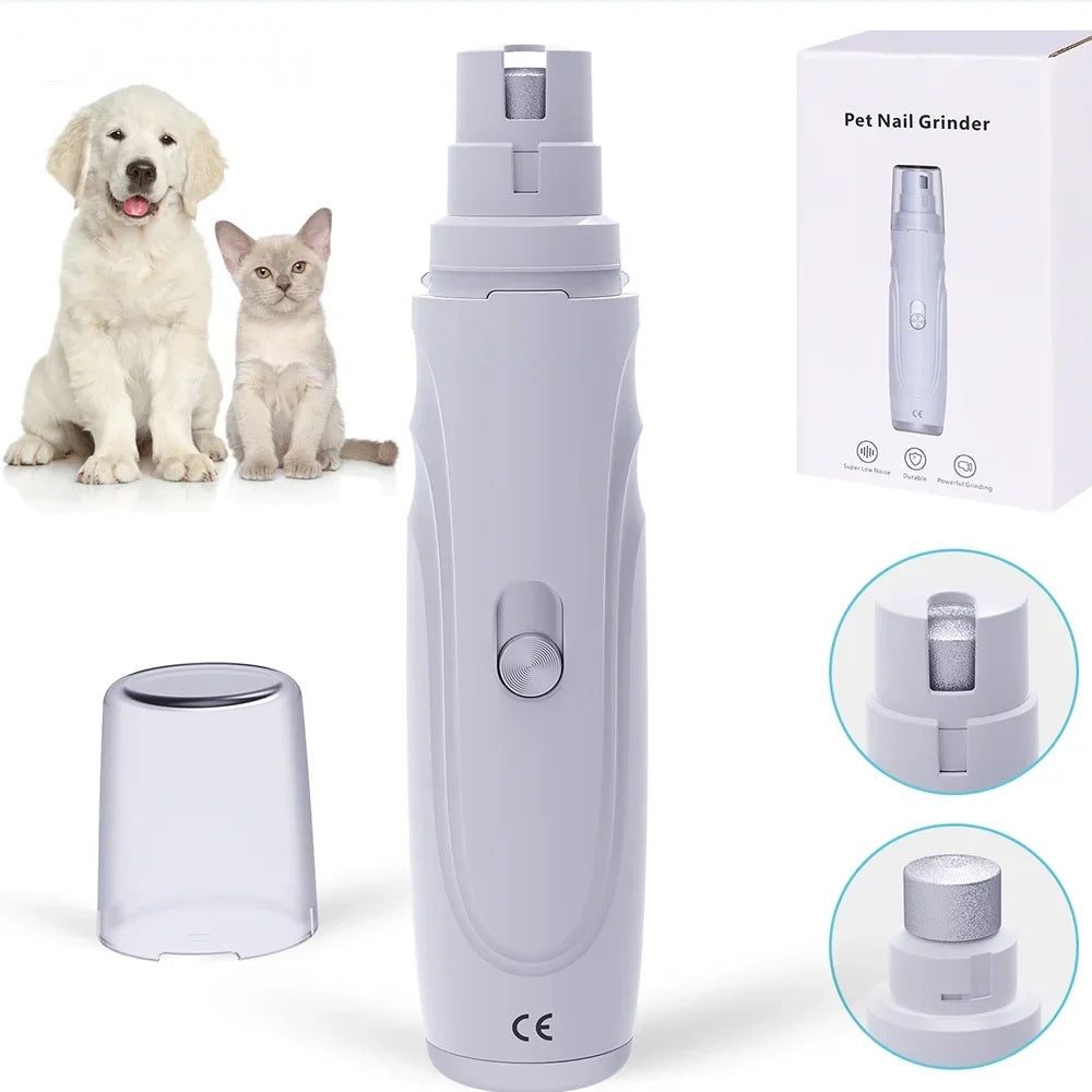 White electric pet nail grinder shown upright with its cap removed, beside a dog and a cat