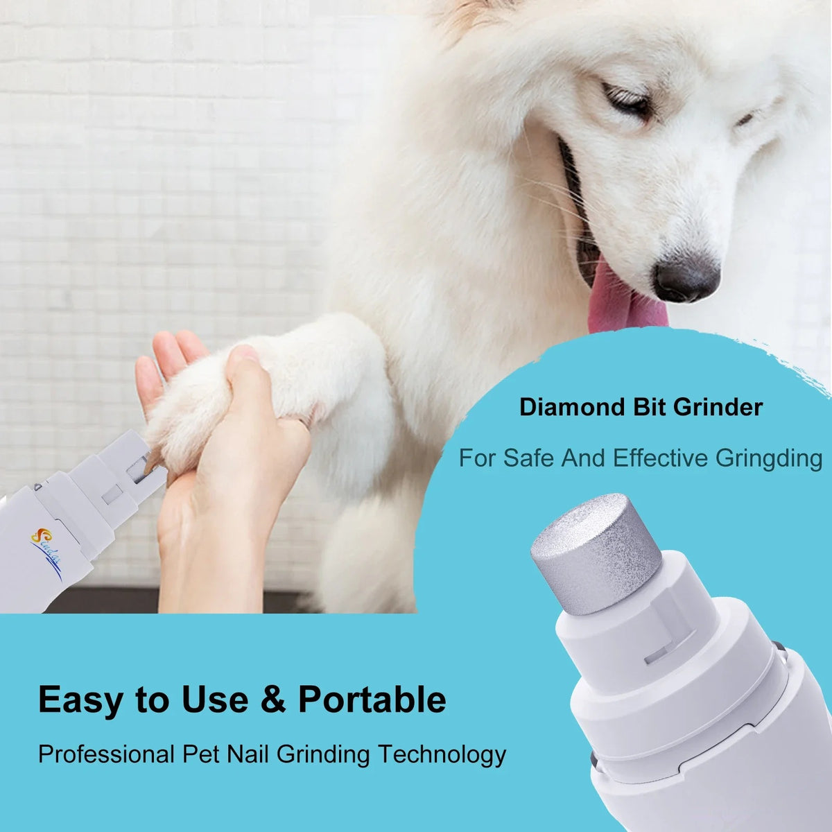 Dog having its claws trimmed with the nail grinder, with captions about the diamond bit and portability