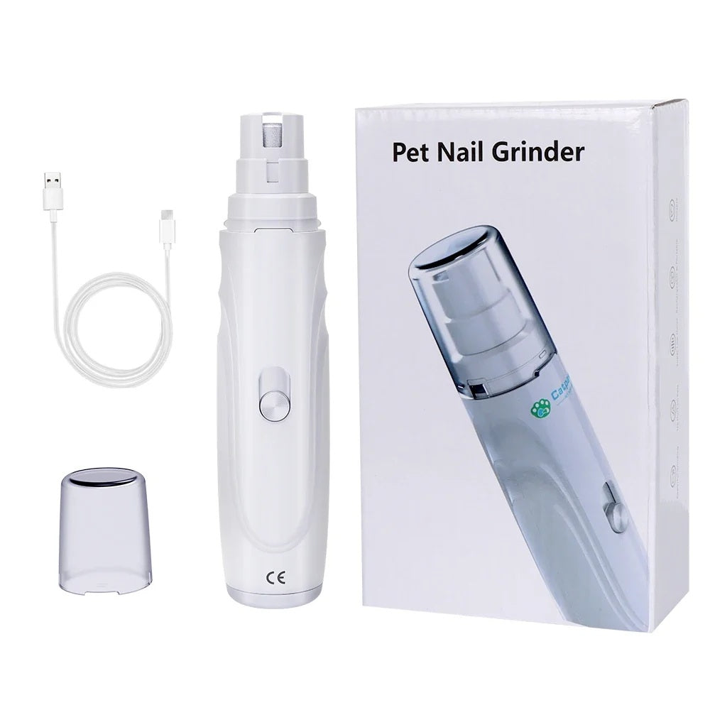Pet nail grinder with its USB charging cable, cap and retail box