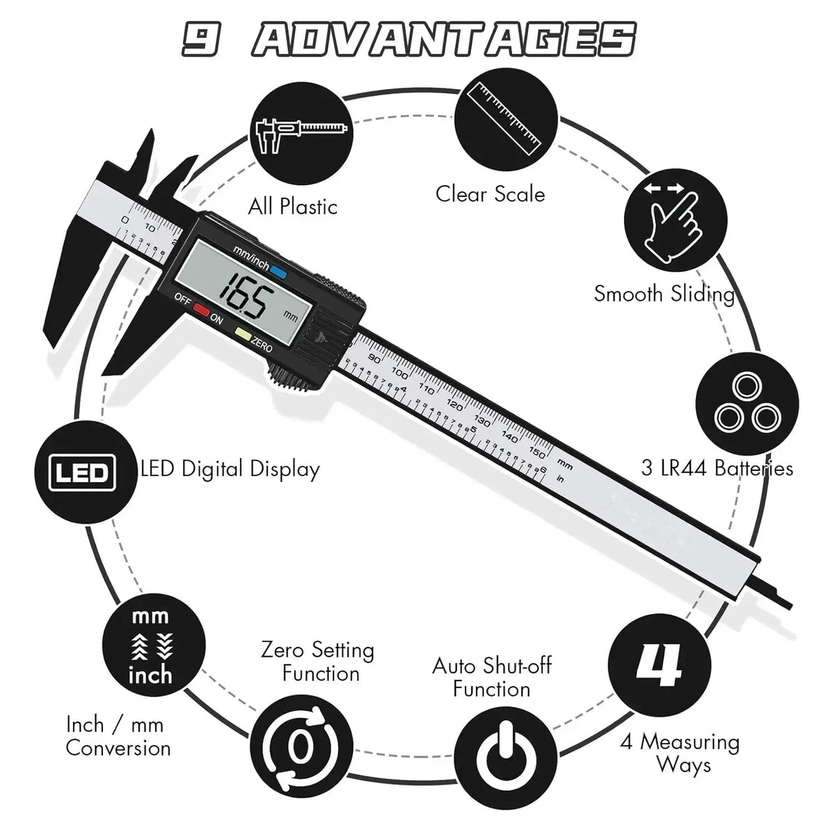 Digital caliper feature diagram: nine advantages including LED display and auto shut-off