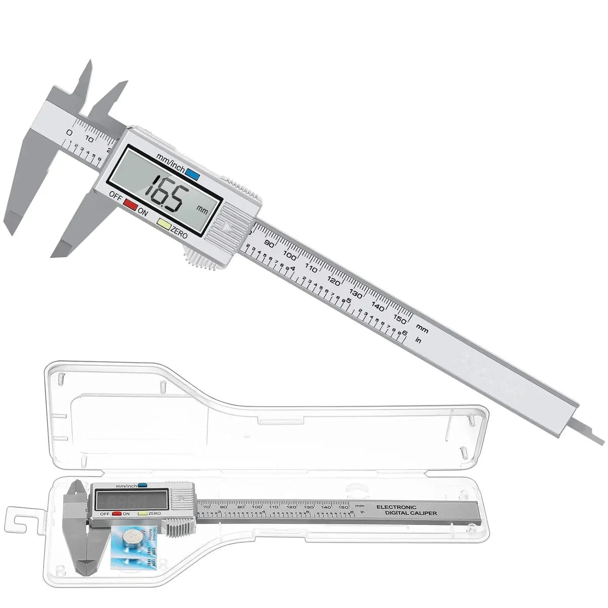 Digital caliper shown open with LCD reading, beside its storage case