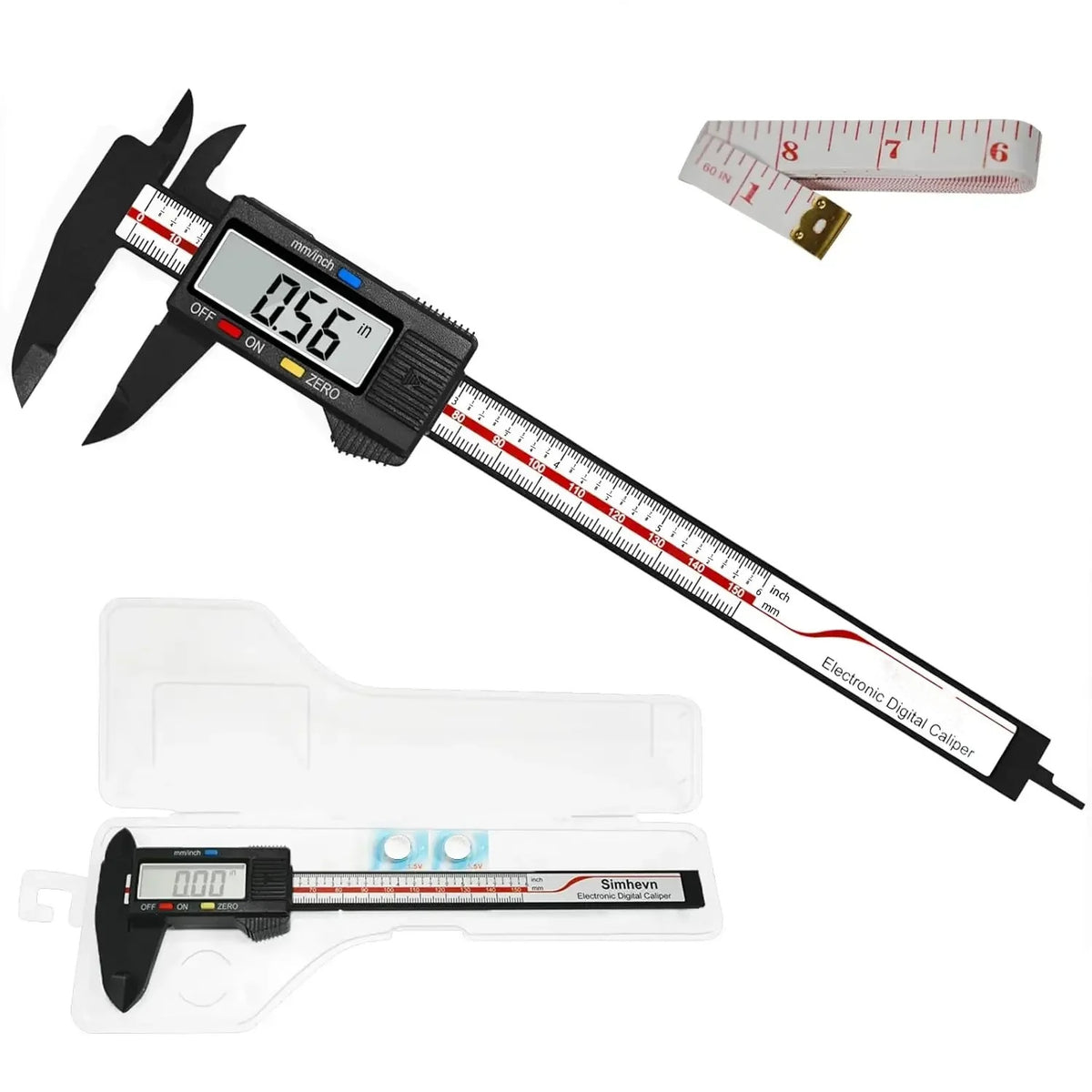 Digital caliper with LCD display, angled view of the measuring beam