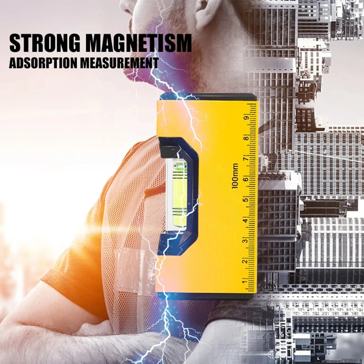 Spirit level held magnetically against a steel surface, showing strong magnetism