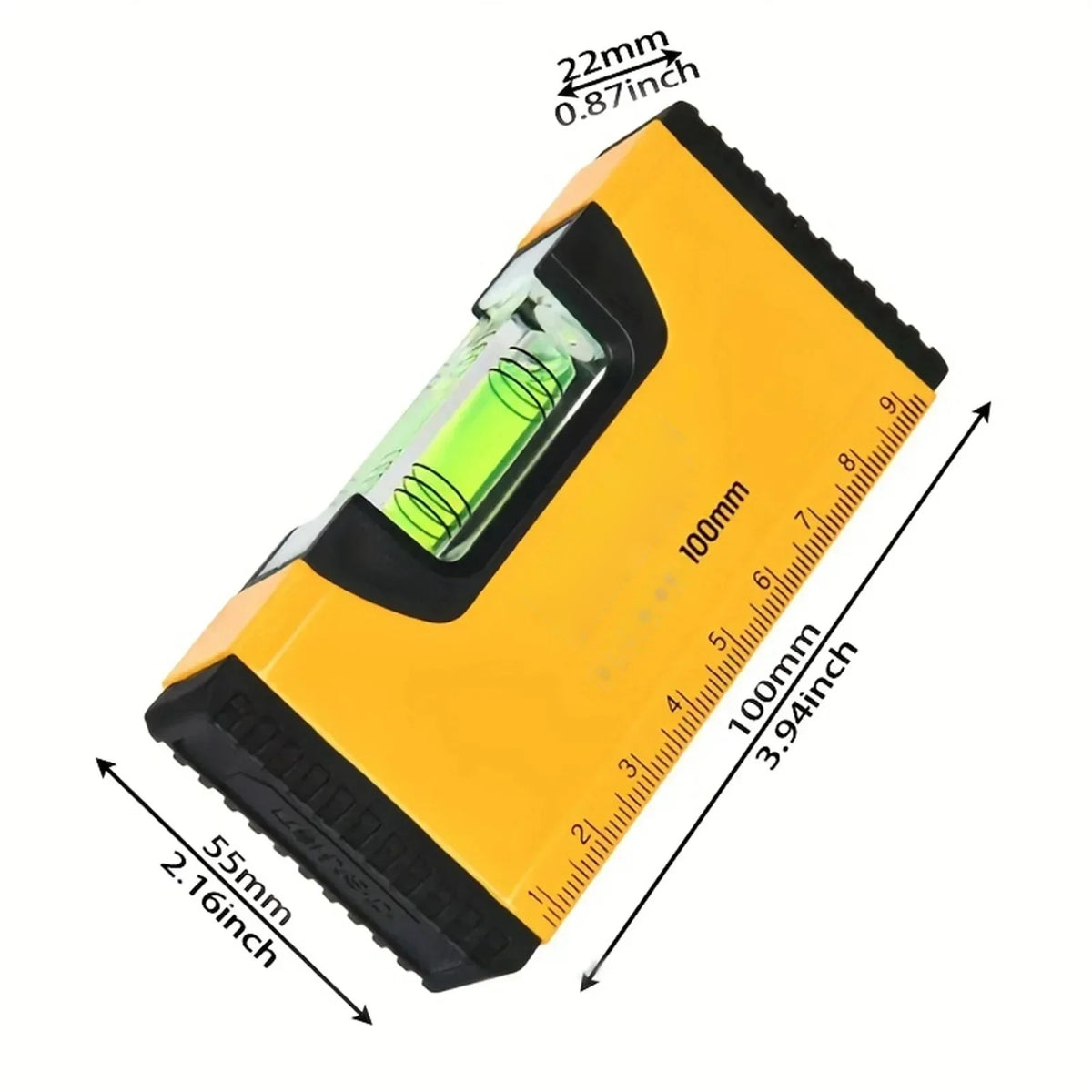 Pocket spirit level with dimension callouts: 100mm long, 54mm and 22mm