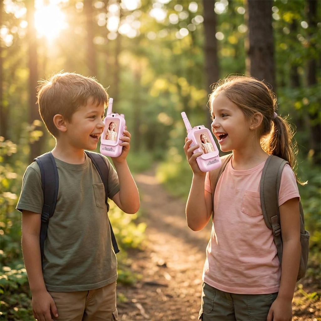 Kids Walkie Talkies 2pcs Pink in use outdoors