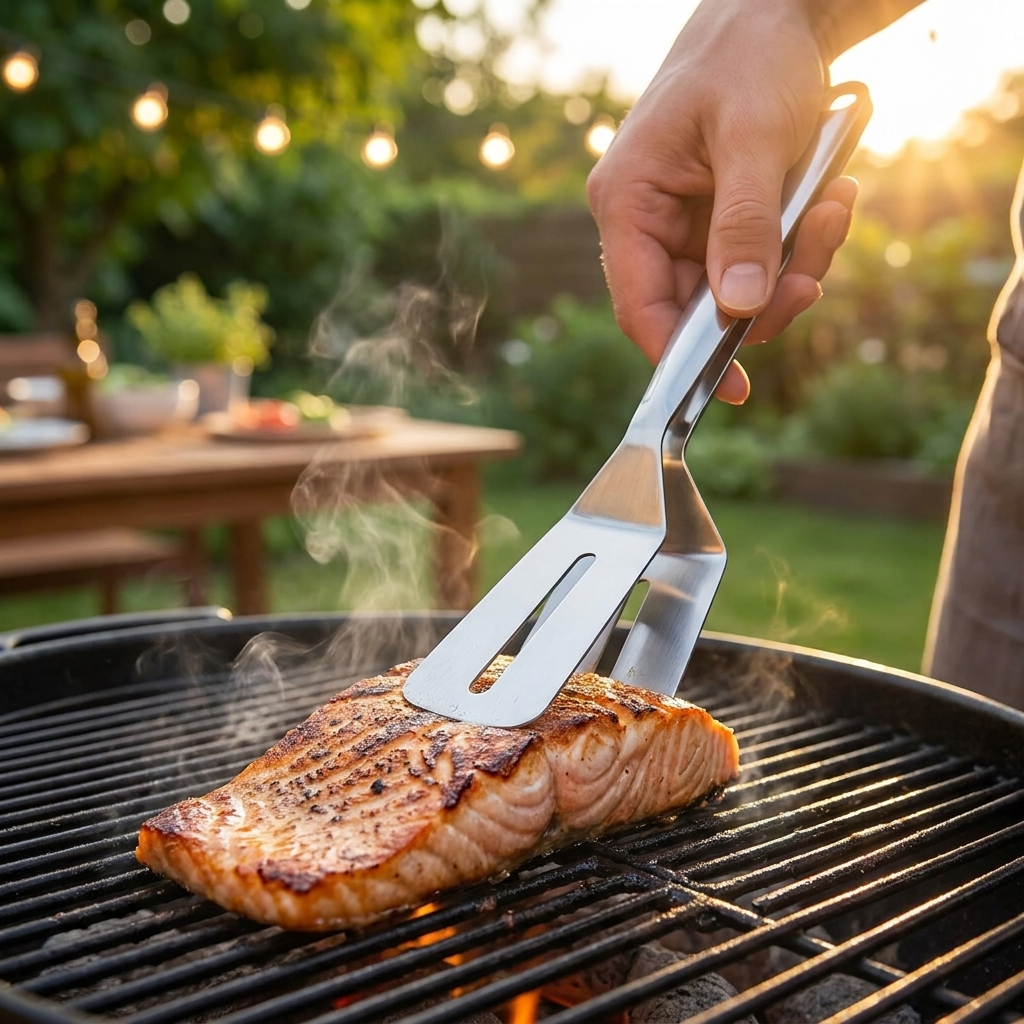 Stainless steel spatula tong flipping fish on a grill