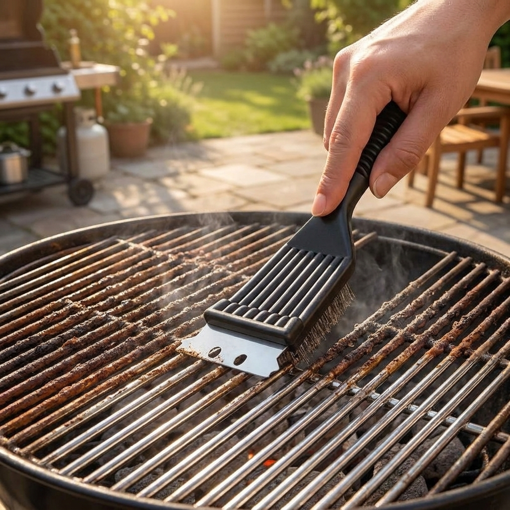 Heavy duty grill brush cleaning a barbecue grate