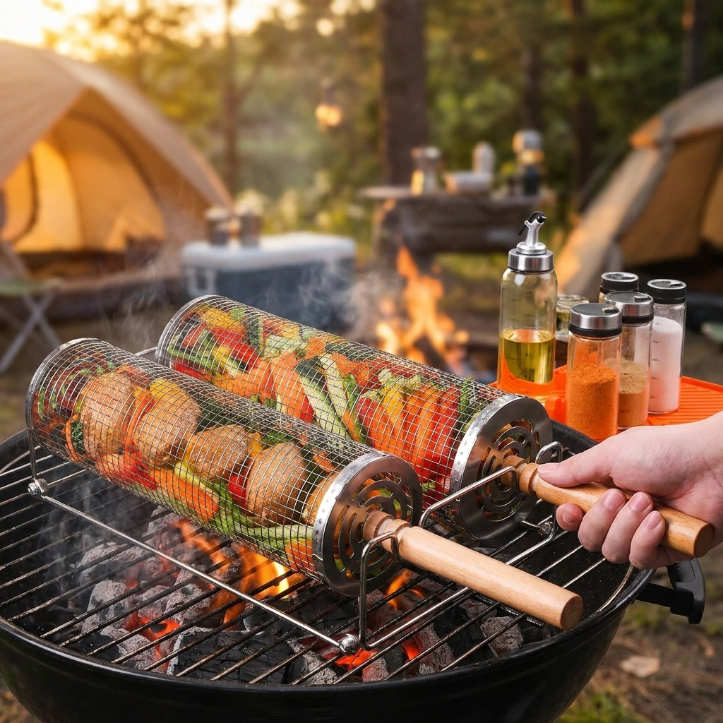 Rolling mesh BBQ grilling basket with vegetables on a grill