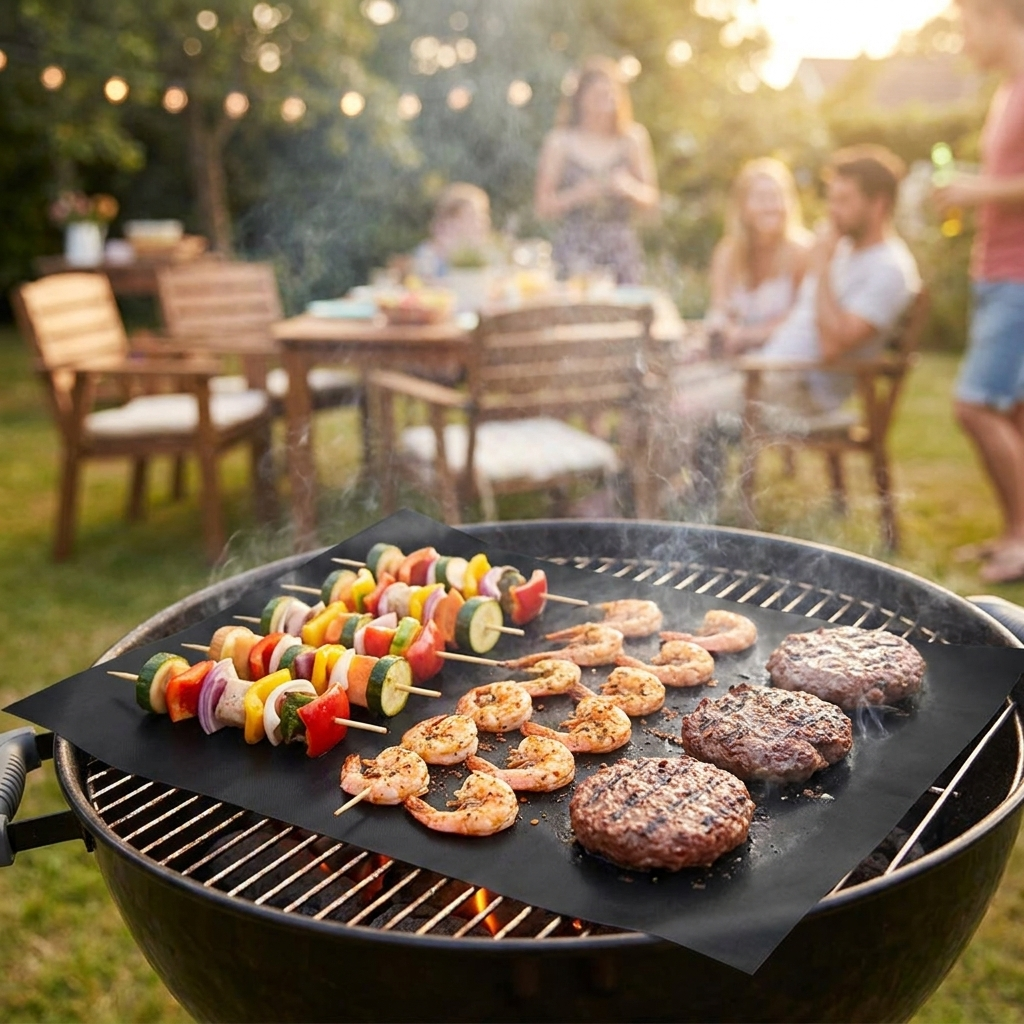 Non-stick BBQ grill mat with food cooking on it