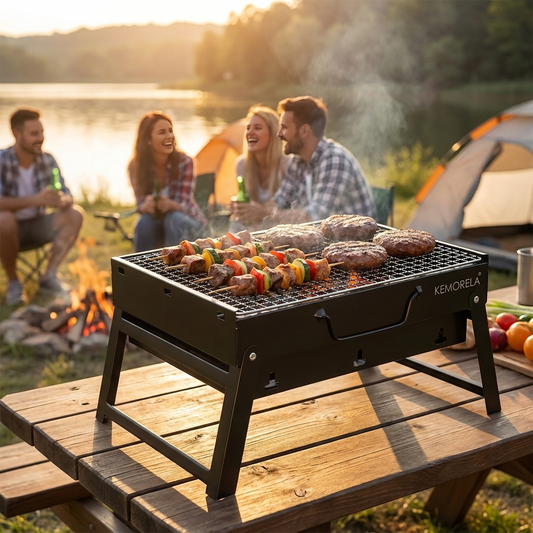 Portable charcoal grill in use at a lakeside campsite