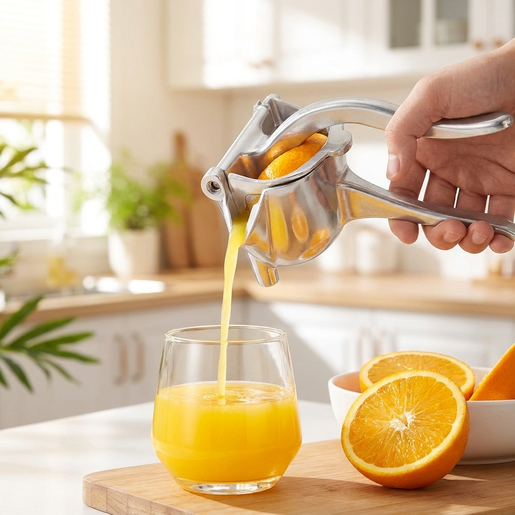 Manual citrus juicer pressing fresh orange juice