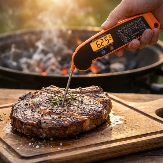 Instant read meat thermometer checking a grilled steak