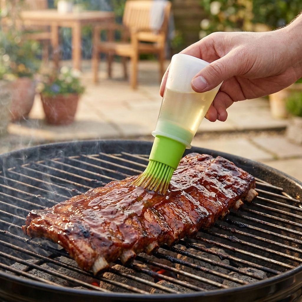 Silicone basting brush glazing sauce onto ribs