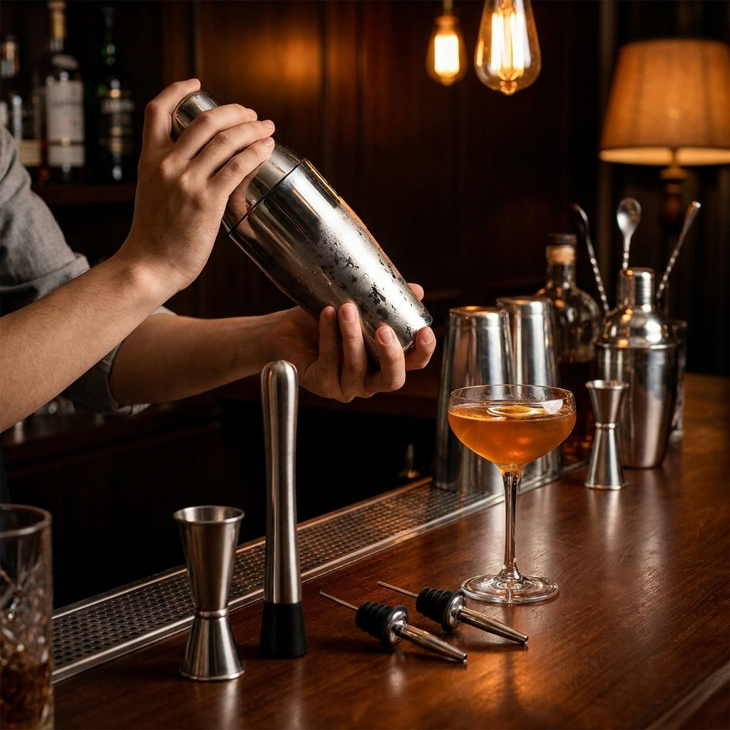Cocktail shaker set in use at a home bar